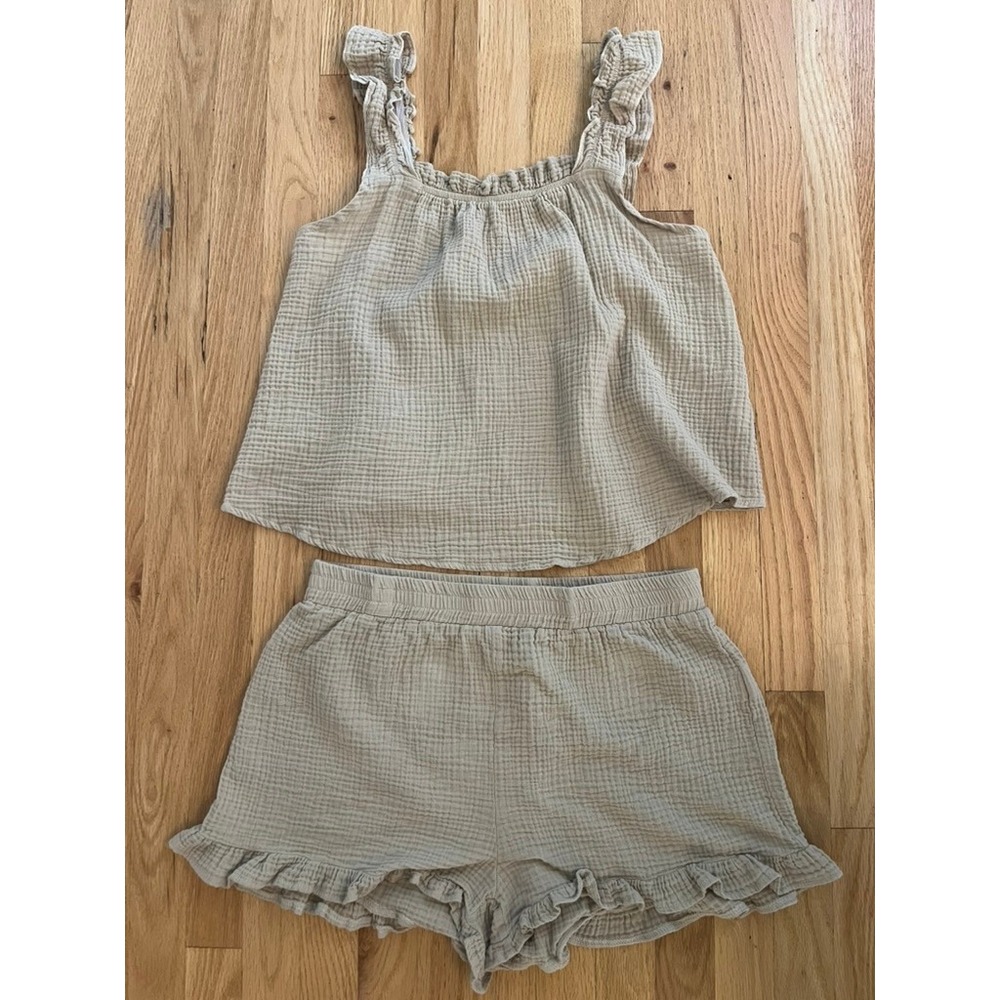 Loness Tan Cotton Gauze Ruffle Lounge Set Top and Shorts Beige L